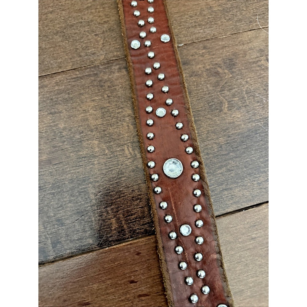 American Eagle Brown 100% Leather Belt Western Hippy Studded Womens M Rhinestone - Picture 8 of 16